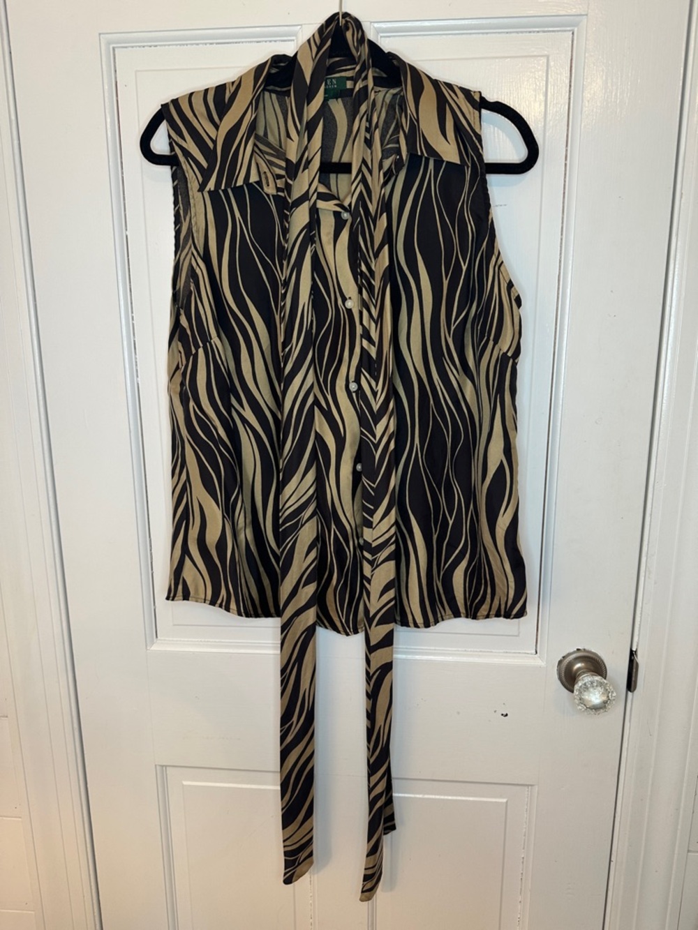 Lauren Ralph Lauren Sleeveless Black/Tan Zebra Print Top with Belt/Tie size S